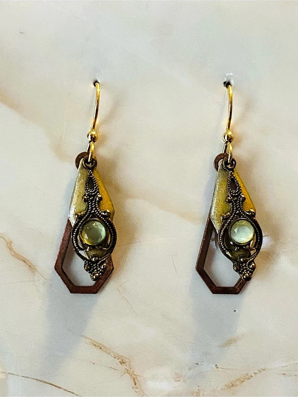 Victorian Inspired Geometric 3 layer  Dangle Earrings -earth tones/metallics